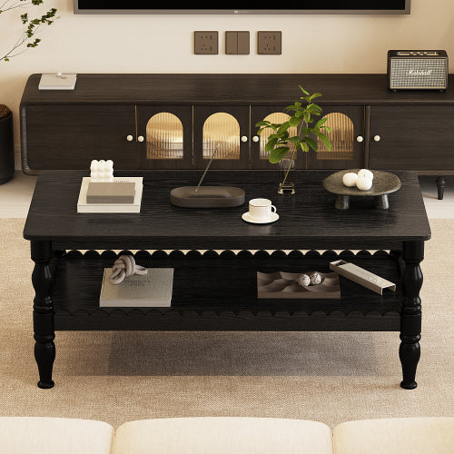 AEELLEEA 43.3" Black Farmhouse Coffee Table with Storage Shelf, Rustic Rectangular Living Room Center Table with Turned Legs