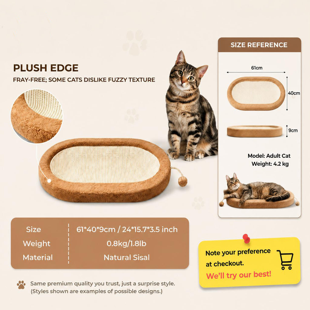 Oval Sisal Cat Scratcher Bed Lounge, 24x15x3.5 Inch Anti-Slip Multi-Purpose Pet Rest Furniture for Indoor Cats