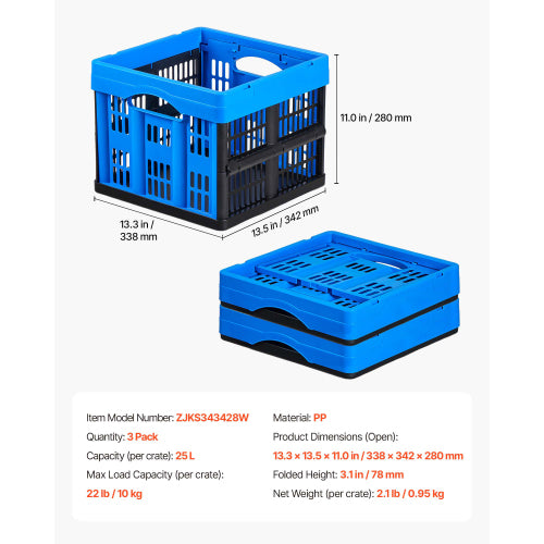 Collapsible Storage Crates Set of 3, 25 Liter Plastic Folding Storage Bins with Handles, Stackable Heavy Duty Organizer