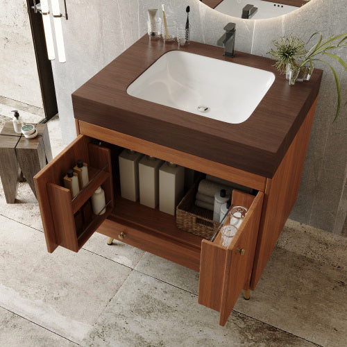 Bathroom Vanity with Sink, Wood Freestanding Vanity with Double Doors and Drawers, Modern Brown Bathroom Cabinet