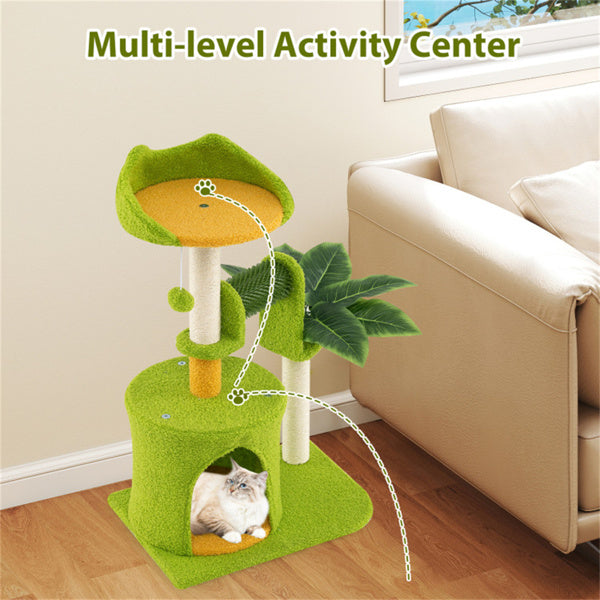 AEELLEEA 31-Inch Cat Tree Tower with Sisal Scratching Posts, Cat Condo, Self-Groomer and Hanging Pom-Pom Toy, Green