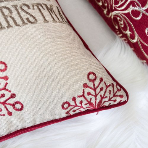 AEELLEEA Set of 4 Christmas Embroidered Throw Pillows, 20x20 Inch Poly Linen Cushion with Reindeer, Snowflake & Tree Pattern for Holiday Sofa Decor