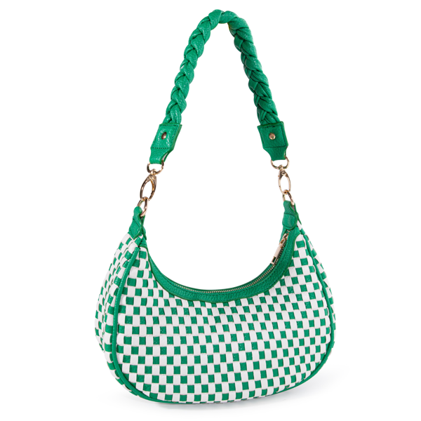 Checkered Shoulder Bag for Women, Y2K Hobo Crescent Purse with Braided Strap, Small Green White Armpit Bag Trendy Fashion Handbag
