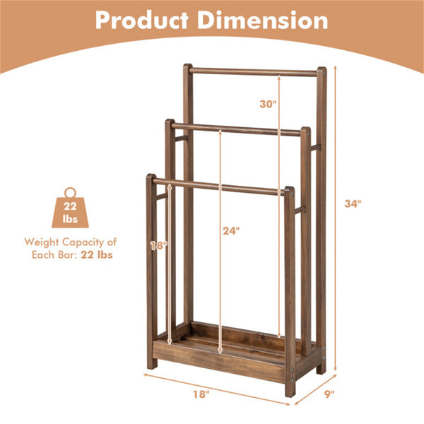 Towel Rack Stand 3 Tier, Brown Solid Wood Freestanding Towel Ladder with Shelf, Anti Toppling Towel Rack for Bathroom Laundry