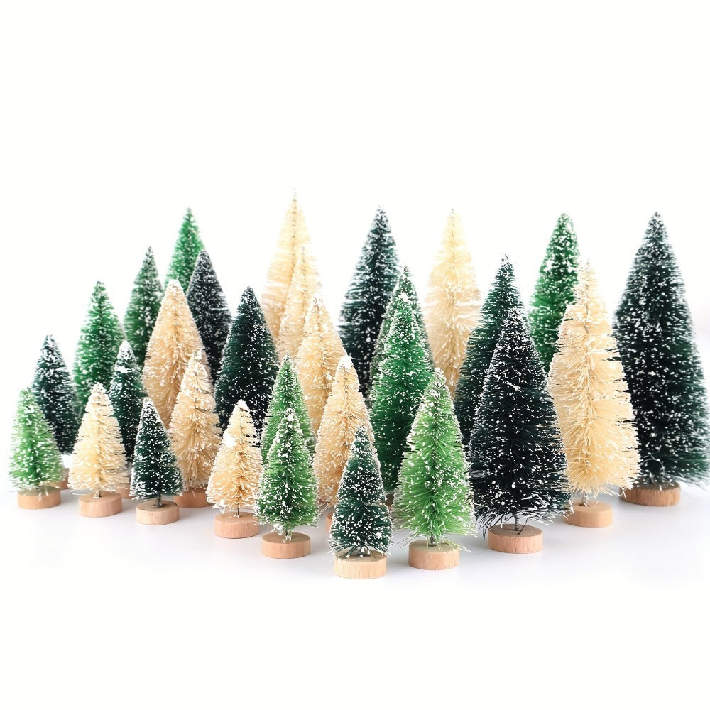 15 Pcs Mini Christmas Trees Decorations, Assorted Flocked Pine Trees with Wooden Base, Snow-Sprinkled Tabletop Ornaments for Party, Table, Gift Box