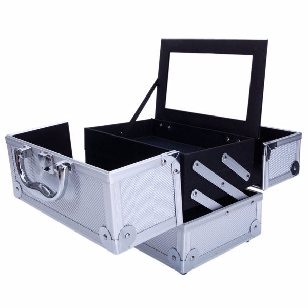 Silvery Aluminum Double-Open Makeup Train Case SM-2176 with Mirror & Top Handle, Portable Travel Cosmetic Gift for Women