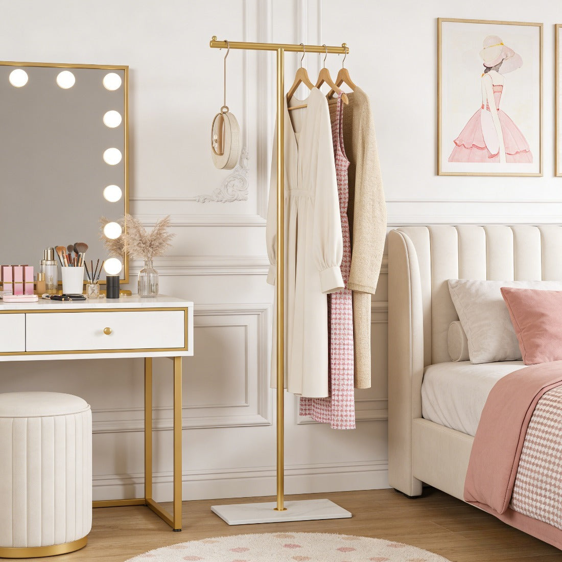 Gold Metal Freestanding Clothing Rack, Modern T-Shaped Garment Rack with White Marble Base for Bedroom Entryway