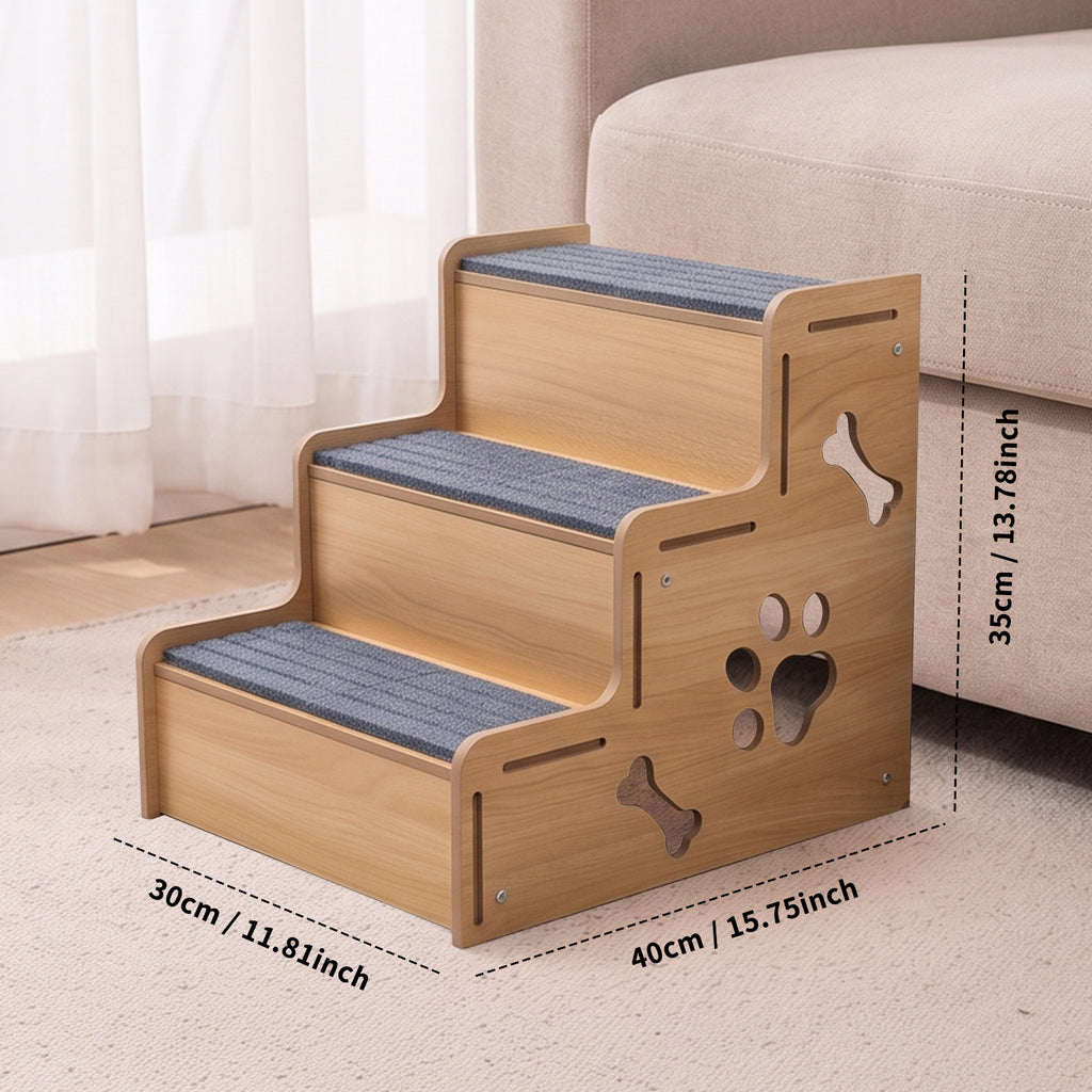 Wooden Carpeted Pet Steps, Non-Slip Dog Stairs Pet Ladder for Small Dogs, Puppies, Older Cats, Great for Couch & High Bed Access