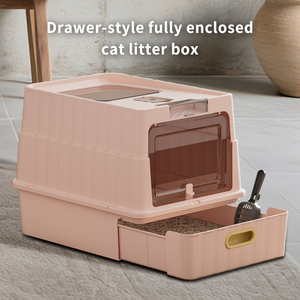 Convertible Enclosed Cat Litter Box with Pull-Out Drawer, Front Door, Top Vent Panel & Litter Scoop, Pink, 19.69" x 13.78" x 13.78"