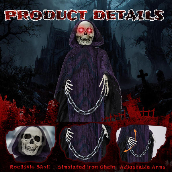Red LED glowing eyes, manually-movable head, male voice, sound-activated, battery-operated (batteries not included)