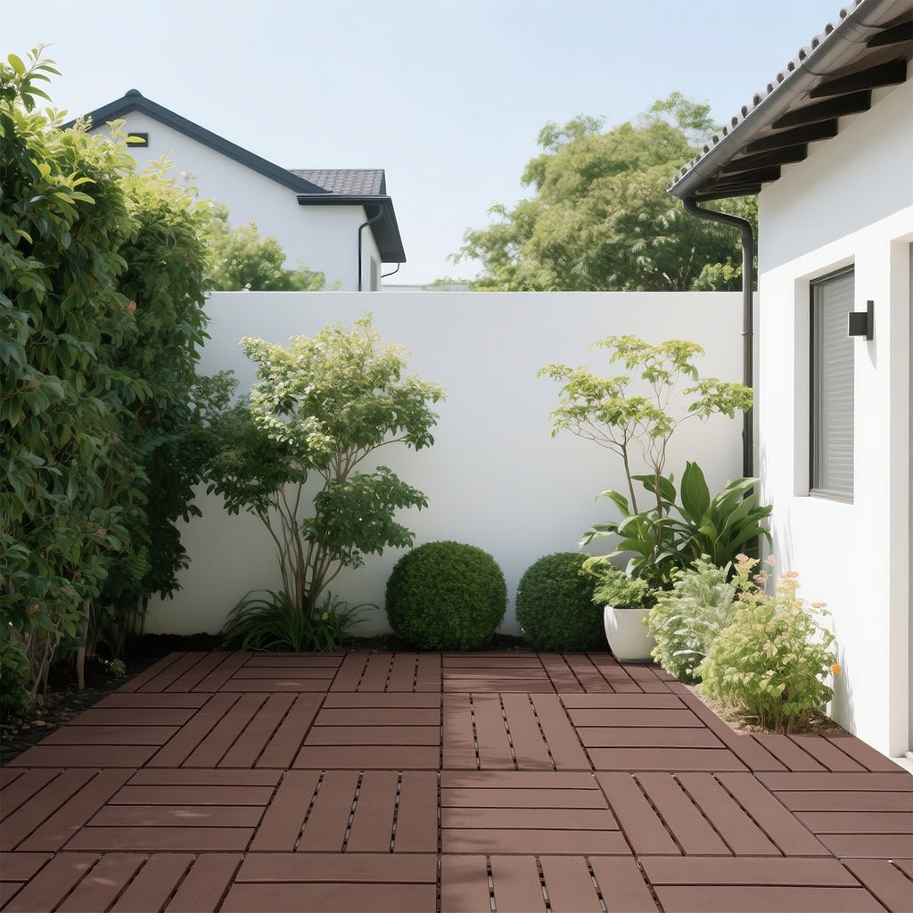AEELLEEA 12 Inch Brown PP Interlocking Deck Tiles, 44 Pack Waterproof Patio Flooring Tiles, Non-Slip Drainage Outdoor Decking for Backyard Poolside Balcony