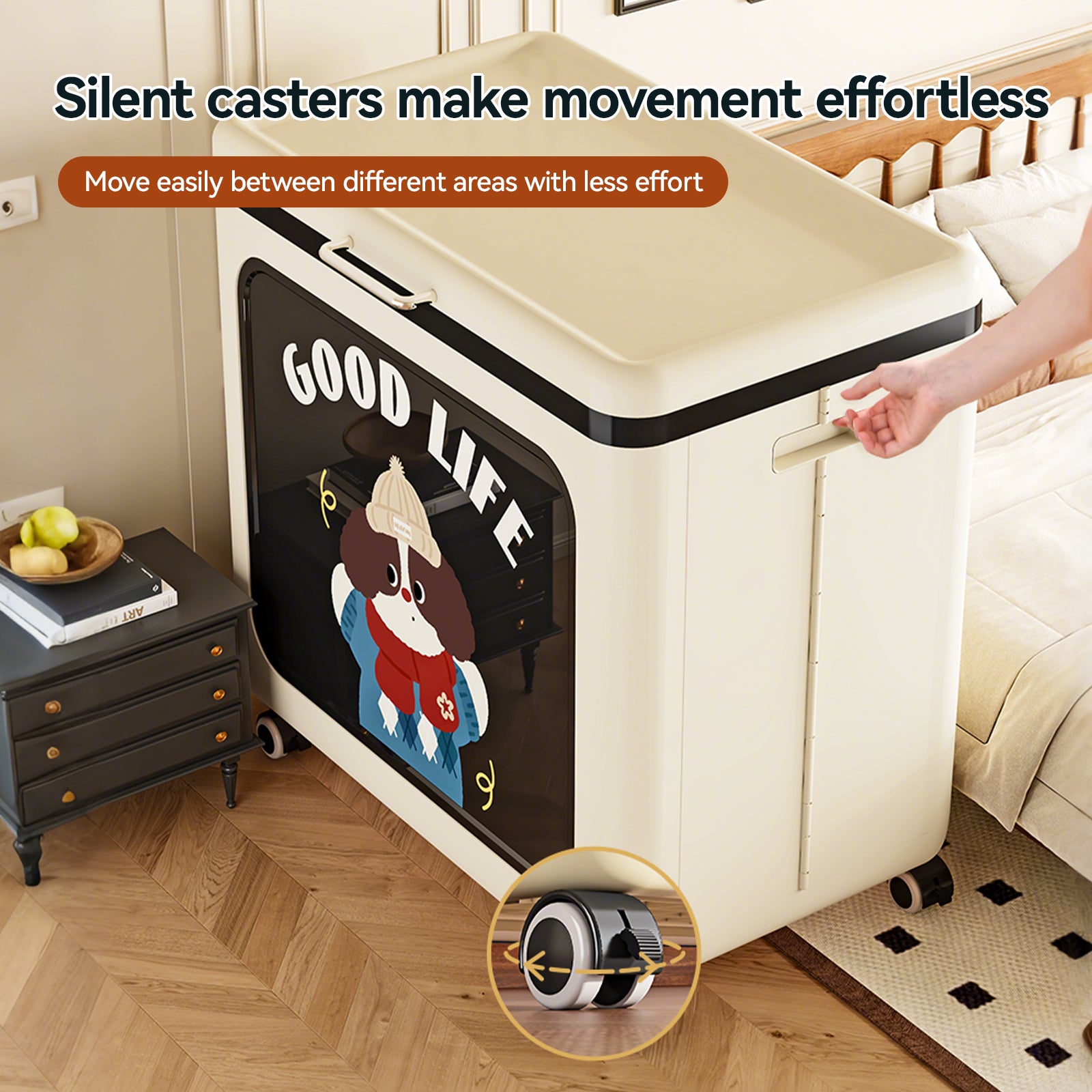 Rolling Open Storage Bin - Cream Black Simulated Rattan Weave Design, Stackable & Comfort Handle (24.41” L x 15.35” W x 24.21” H)