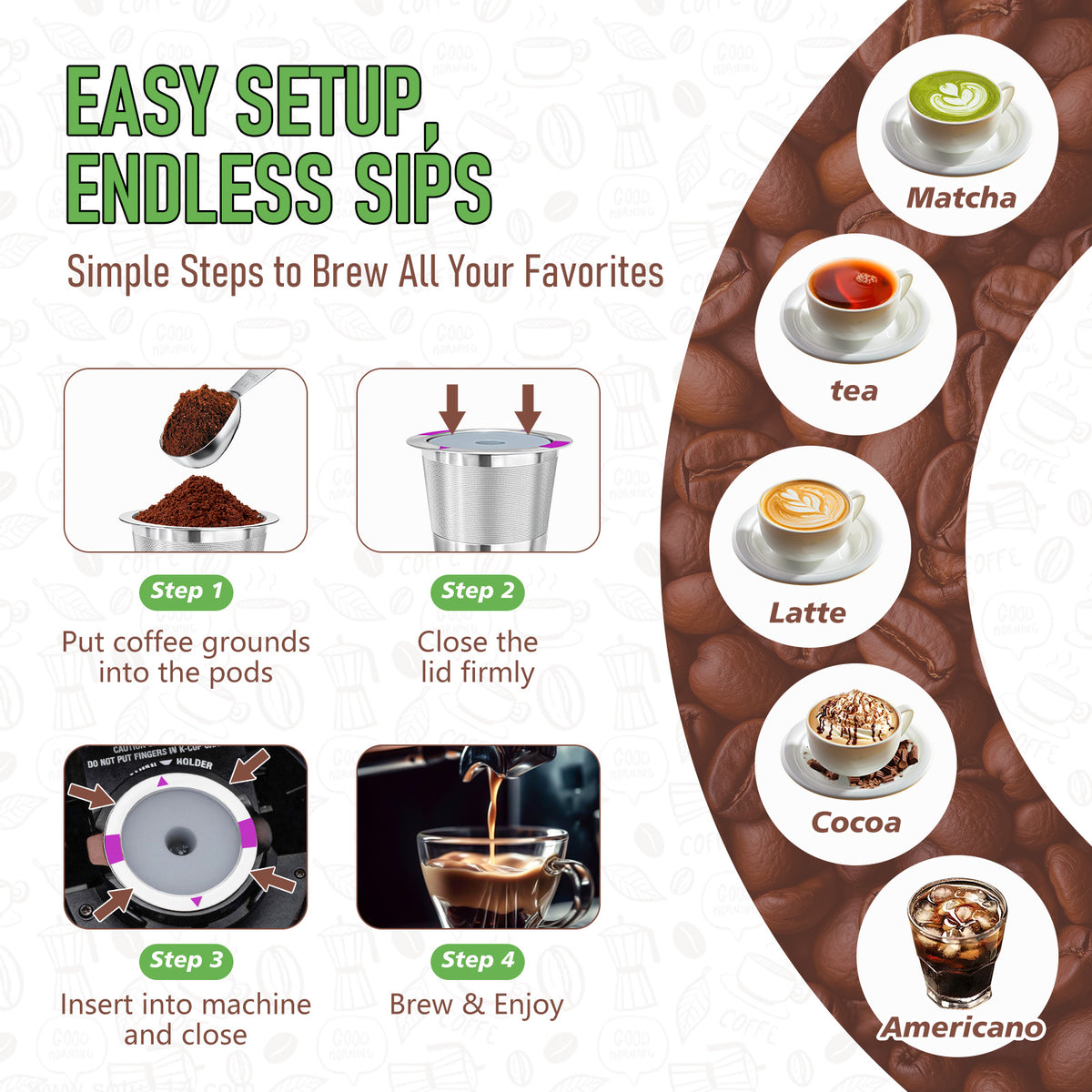 AEELLEEA 2 Pack Reusable K Cups, 304 Stainless Steel Coffee Pods with Scoop Brush Storage Box for 1-Prong Keurig