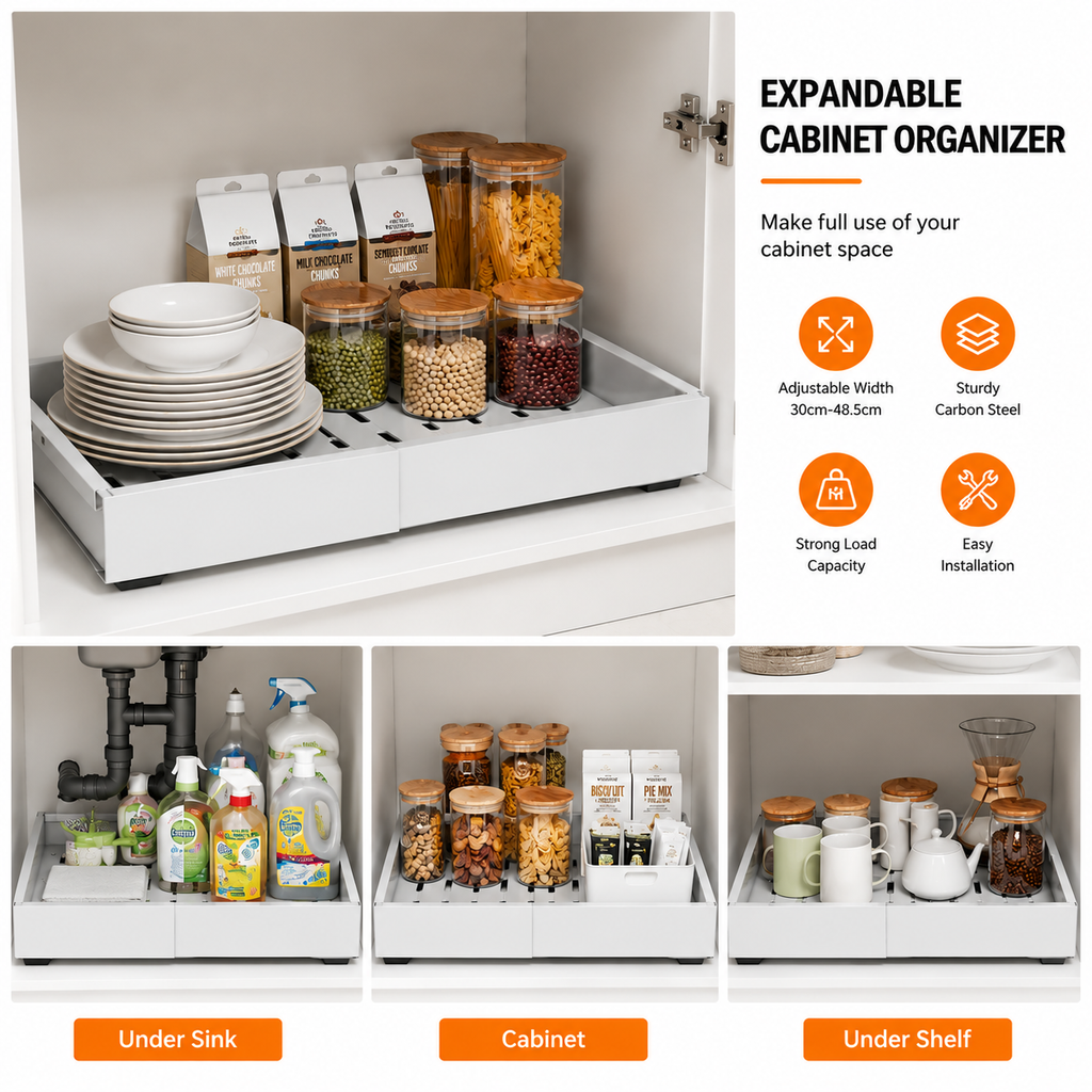 Pull Out Cabinet Organizer, No Drill Adhesive Slide Out Drawer for Kitchen Cabinets, Expandable Pantry Shelf Organizer with Adhesive or Screw Mount Installation