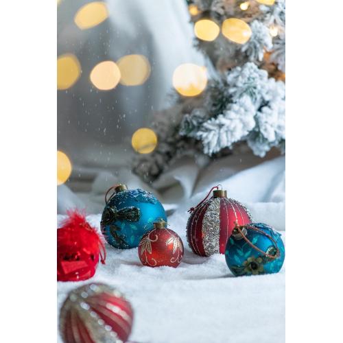 AEELLEEA 4.7" Red Glitter Striped Glass Christmas Ball Ornaments Set of 4, Hanging Baubles for Xmas Tree Holiday Decor