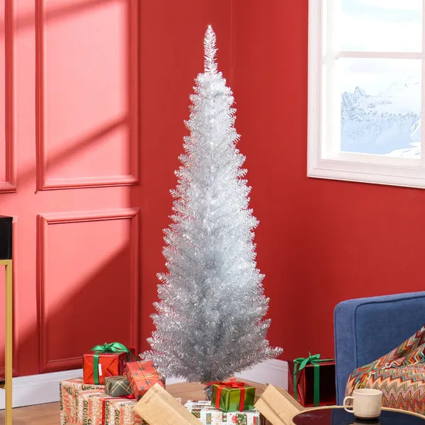 AEELLEEA-5ft Silver Pencil Artificial Christmas Tree, Slim Unlit Xmas Tree with 294 Branch Tips, Plastic Stand for Indoor Holiday Decor