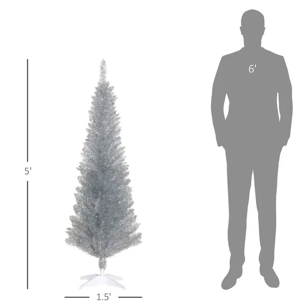AEELLEEA-5ft Silver Pencil Artificial Christmas Tree, Slim Unlit Xmas Tree with 294 Branch Tips, Plastic Stand for Indoor Holiday Decor