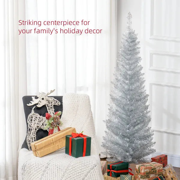 AEELLEEA-5ft Silver Pencil Artificial Christmas Tree, Slim Unlit Xmas Tree with 294 Branch Tips, Plastic Stand for Indoor Holiday Decor