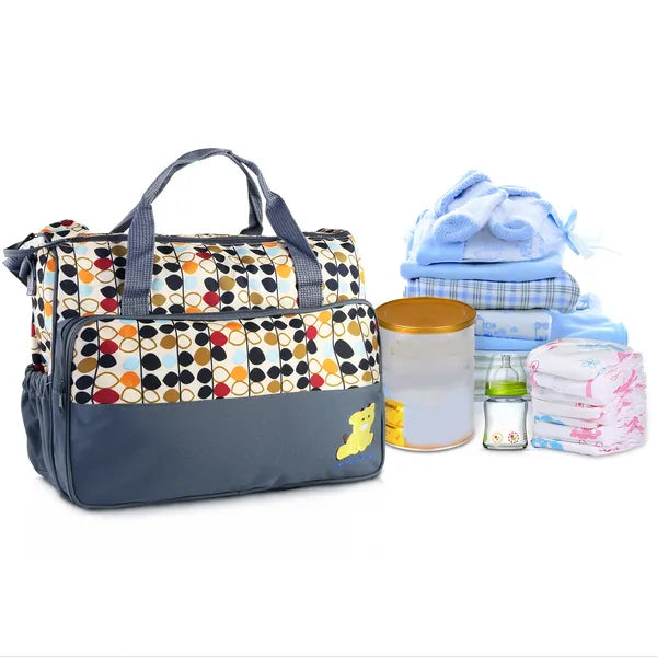 5-Piece Baby Diaper Bag Set, Water-Resistant Mommy Tote with Insulated Bottle Holder, Polka Dot, Grey