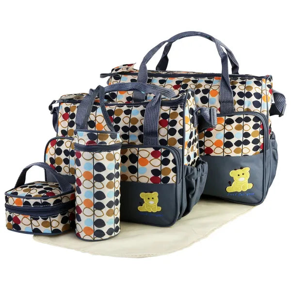 5-Piece Baby Diaper Bag Set, Water-Resistant Mommy Tote with Insulated Bottle Holder, Polka Dot, Grey