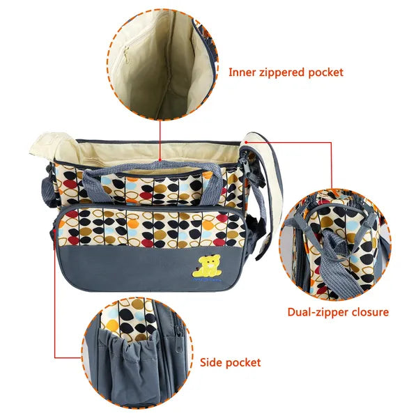 5-Piece Baby Diaper Bag Set, Water-Resistant Mommy Tote with Insulated Bottle Holder, Polka Dot, Grey