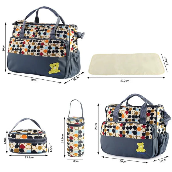 5-Piece Baby Diaper Bag Set, Water-Resistant Mommy Tote with Insulated Bottle Holder, Polka Dot, Grey