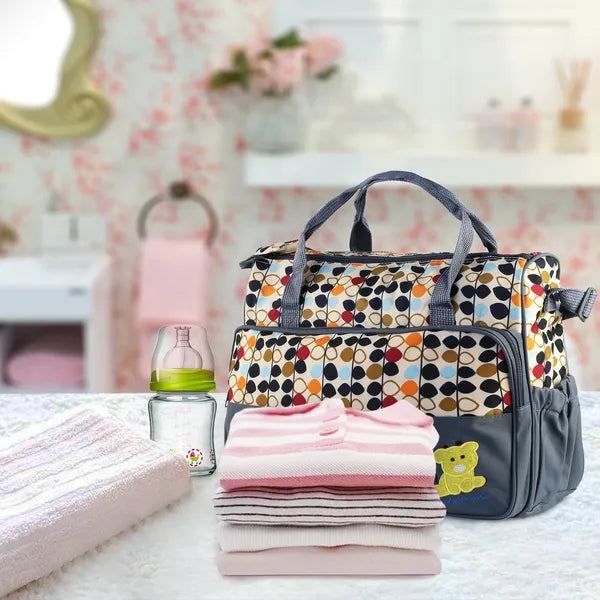 5-Piece Baby Diaper Bag Set, Water-Resistant Mommy Tote with Insulated Bottle Holder, Polka Dot, Grey