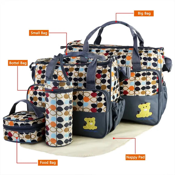 5-Piece Baby Diaper Bag Set, Water-Resistant Mommy Tote with Insulated Bottle Holder, Polka Dot, Grey