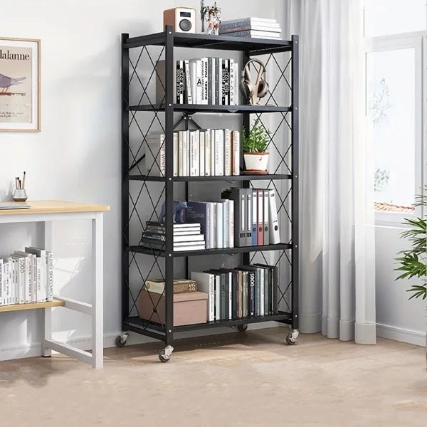 Aeelleea 5-Tier Foldable Metal Storage Rack with Wheels, Heavy Duty Rolling Organizer Shelf, Black for Kitchen Garage Pantry