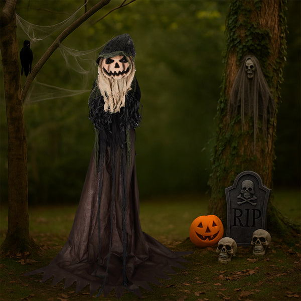 5.7ft Halloween Decorations Outdoor Life Size Animatronics Wizard with Pumpkin Face, Sound-Actived Party Decor with Creepy Sound