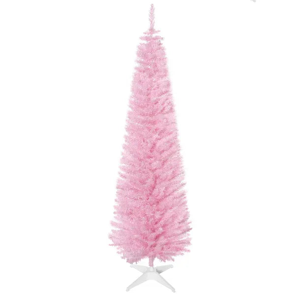 6' Artificial Pencil Christmas Tree, Slim Xmas Tree with 390 Realistic Branch Tips and Plastic Stand, Pink