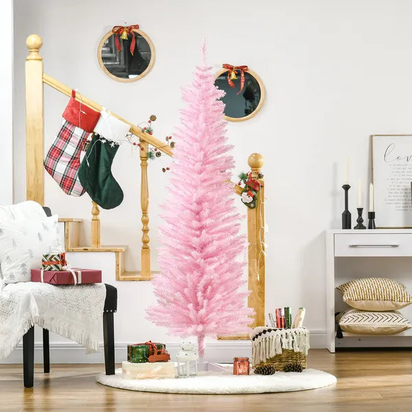 6' Artificial Pencil Christmas Tree, Slim Xmas Tree with 390 Realistic Branch Tips and Plastic Stand, Pink