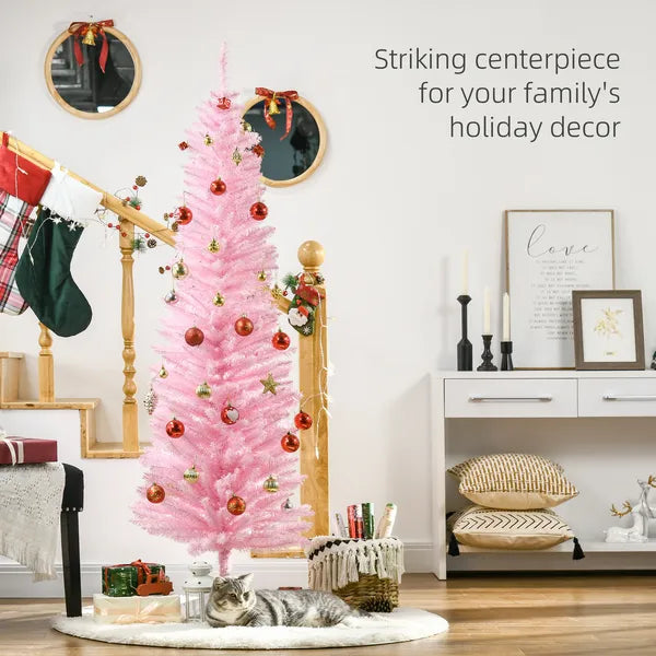 6' Artificial Pencil Christmas Tree, Slim Xmas Tree with 390 Realistic Branch Tips and Plastic Stand, Pink