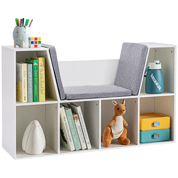 Aeelleea White Cube Storage Bench with Grey Cushion, 40.5" Kids Reading Nook Bookshelf, Toy Organizer Cabinet