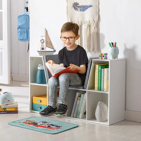 Aeelleea White Cube Storage Bench with Grey Cushion, 40.5" Kids Reading Nook Bookshelf, Toy Organizer Cabinet