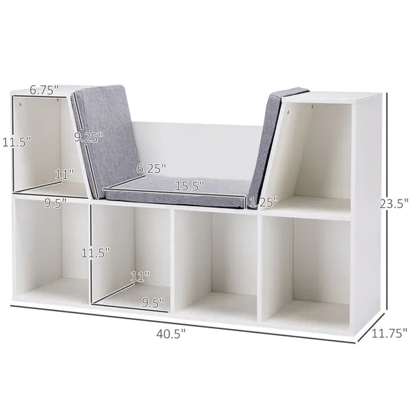Aeelleea White Cube Storage Bench with Grey Cushion, 40.5" Kids Reading Nook Bookshelf, Toy Organizer Cabinet