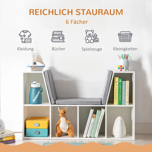 Aeelleea White Cube Storage Bench with Grey Cushion, 40.5" Kids Reading Nook Bookshelf, Toy Organizer Cabinet