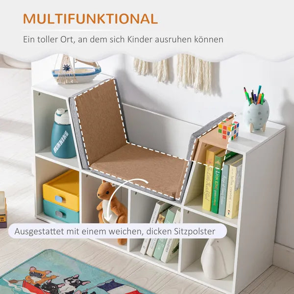 Aeelleea White Cube Storage Bench with Grey Cushion, 40.5" Kids Reading Nook Bookshelf, Toy Organizer Cabinet