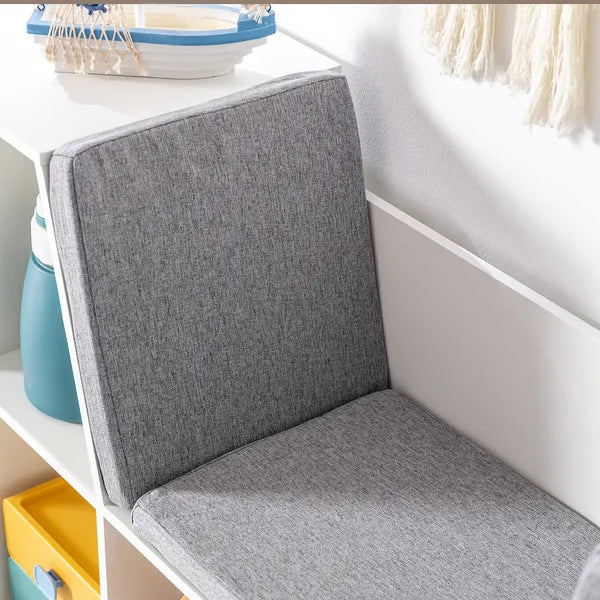Aeelleea White Cube Storage Bench with Grey Cushion, 40.5" Kids Reading Nook Bookshelf, Toy Organizer Cabinet