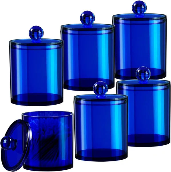 Aeelleea 6 Pack Blue Acrylic Bathroom Canister Set, 10oz & 12oz Shatterproof Storage Jars with Labels for Cotton Swabs, Cotton Balls, Vanity Decor