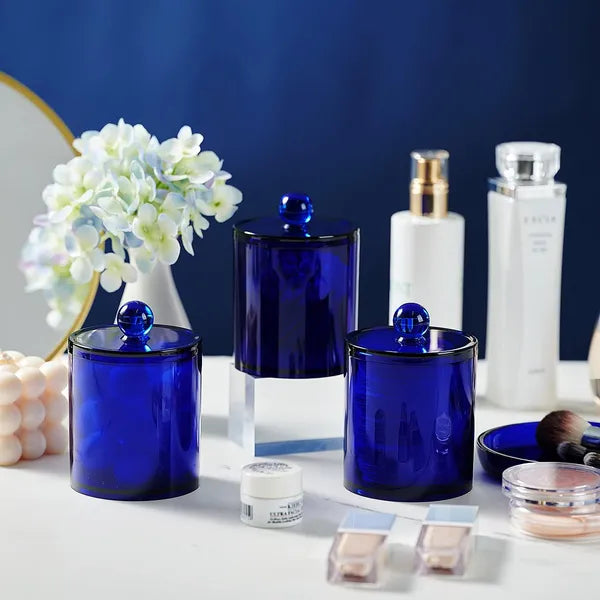 Aeelleea 6 Pack Blue Acrylic Bathroom Canister Set, 10oz & 12oz Shatterproof Storage Jars with Labels for Cotton Swabs, Cotton Balls, Vanity Decor