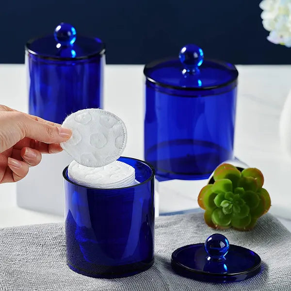 Aeelleea 6 Pack Blue Acrylic Bathroom Canister Set, 10oz & 12oz Shatterproof Storage Jars with Labels for Cotton Swabs, Cotton Balls, Vanity Decor