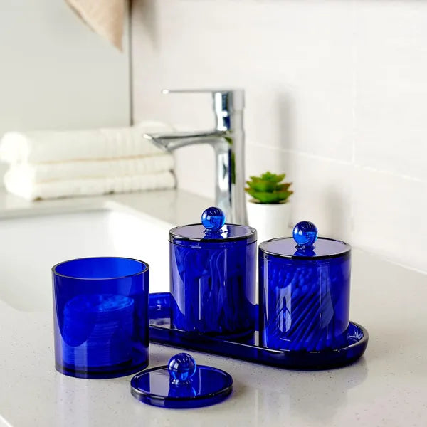 Aeelleea 6 Pack Blue Acrylic Bathroom Canister Set, 10oz & 12oz Shatterproof Storage Jars with Labels for Cotton Swabs, Cotton Balls, Vanity Decor