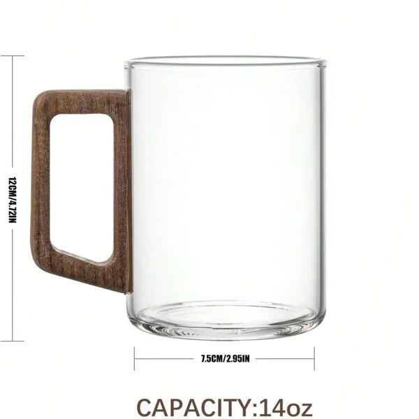 Aeelleea 6 Pack Glass Coffee Mugs with Wooden Handles, 14 oz Clear Cups for Tea Latte Espresso Juice Gift
