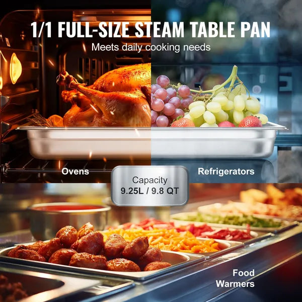 6 Pack Stainless Steel Steam Table Pans, Full Size Hotel Food Pan, Commercial Catering Tray for Restaurant Buffet