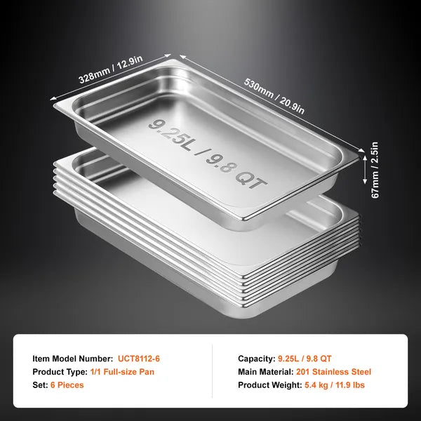 6 Pack Stainless Steel Steam Table Pans, Full Size Hotel Food Pan, Commercial Catering Tray for Restaurant Buffet