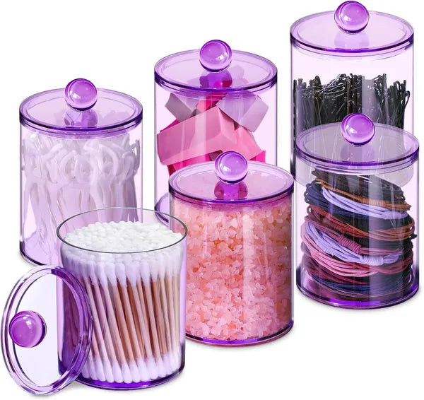 Aeelleea 6 Pack Purple Plastic Bathroom Canister Set, 10oz & 12oz Storage Jars with Lids for Cotton Swabs, Cotton Balls, Floss Picks, Vanity Organizer