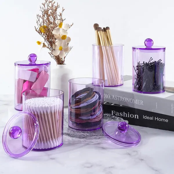 Aeelleea 6 Pack Purple Plastic Bathroom Canister Set, 10oz & 12oz Storage Jars with Lids for Cotton Swabs, Cotton Balls, Floss Picks, Vanity Organizer