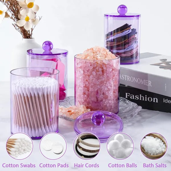 Aeelleea 6 Pack Purple Plastic Bathroom Canister Set, 10oz & 12oz Storage Jars with Lids for Cotton Swabs, Cotton Balls, Floss Picks, Vanity Organizer