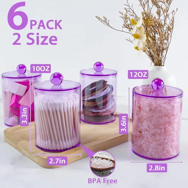 Aeelleea 6 Pack Purple Plastic Bathroom Canister Set, 10oz & 12oz Storage Jars with Lids for Cotton Swabs, Cotton Balls, Floss Picks, Vanity Organizer